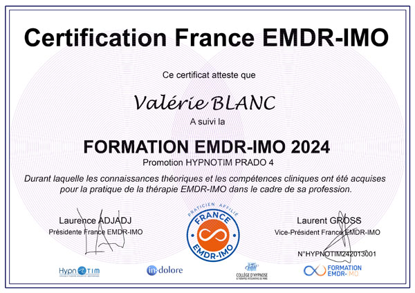 Certification Valérie BLANC, Thérapeute EMDR IMO, Psychologue