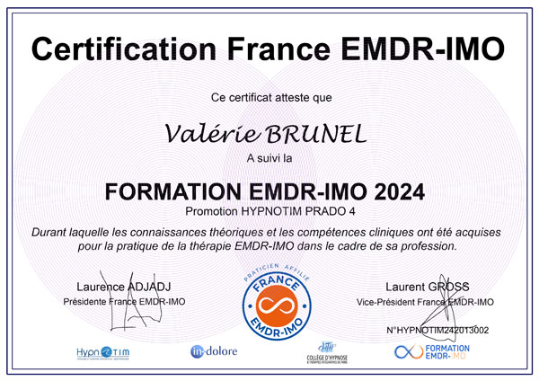 Certification Valérie BRUNEL par France EMDR-IMO