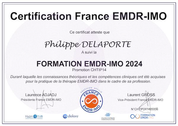 Certification Philippe DELAPORTE par France EMDR-IMO. Praticien dans le 44