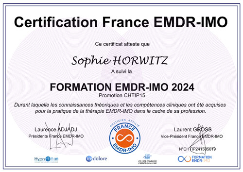 Certification Sophie HORWITZ, Praticienne EMDR-IMO 