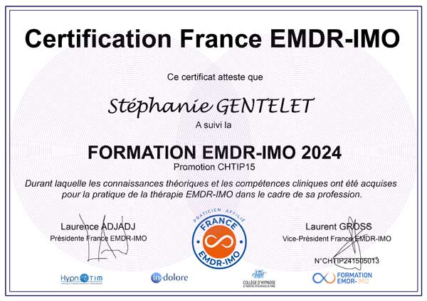 Diplôme Stéphanie GENTELET, EMDR, IMO, Psychologue, Hypnothérapeute