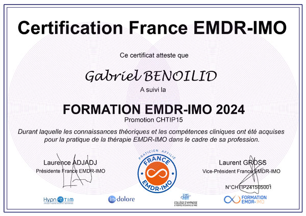 Diplôme de Gabriel BENOILID, EMDR et Hypnose à Strasbourg