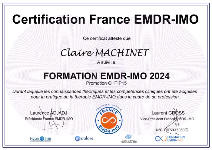 Diplôme de Claire MACHINET, EMDR dans le 77.