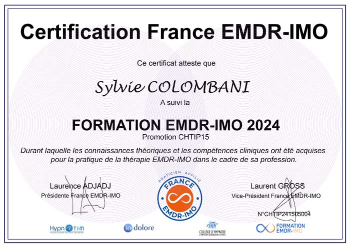 Diplôme Dr Sylvie COLOMBANI, Médecin Anesthésiste-Réanimateur, Hypnothérapeute, Praticienne EMDR IMO à Bordeaux