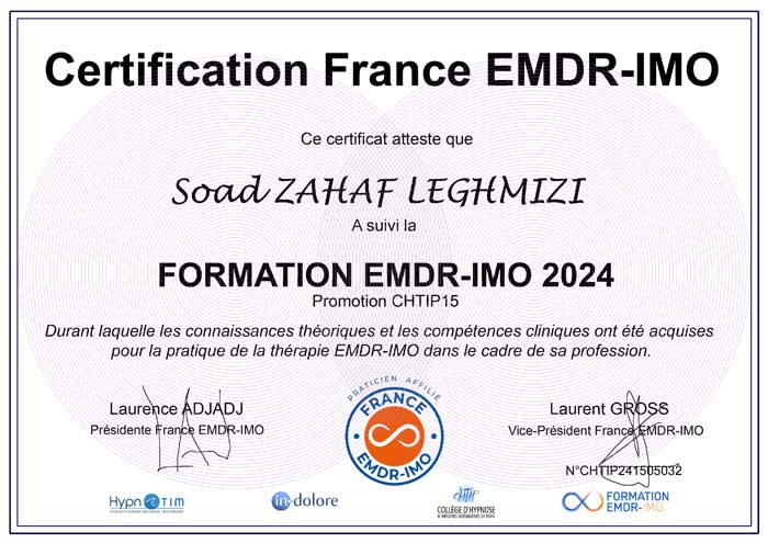 Diplôme Dr Soad ZAHAF-LEGHMIZI, Psychiatre et Thérapeute EMDR IMO