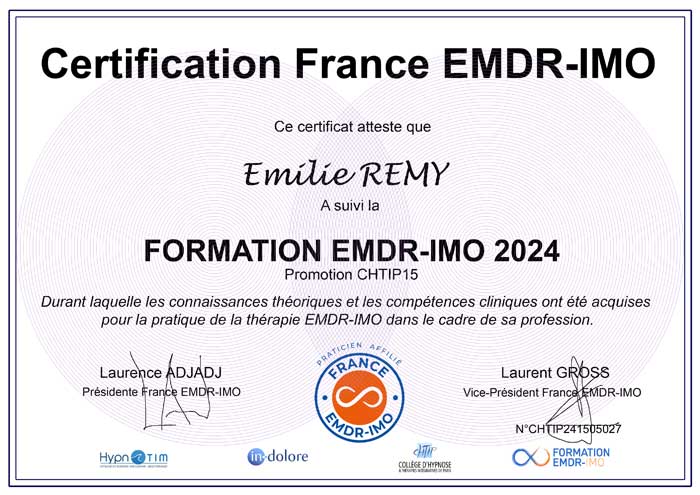 Diplôme Dr Emilie REMY, Médecin Sexothérapeute, Thérapeute EMDR IMO dans le 57.