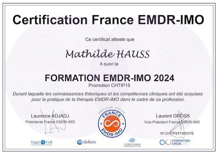 Diplôme de Mathilde HAUSS décerné par France EMDR - IMO