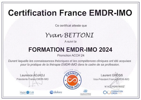 Diplôme de Yvan BETTONI, EMDR IMO et Hypnose en Suisse.