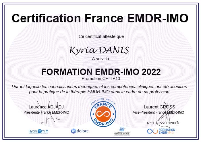 Diplôme de Kyria DANIS, EMDR IMO et Hypnose à Genève en Suisse.