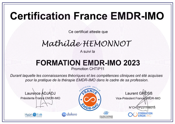 Diplôme de Mathilde HEMONNOT, EMDR IMO et Hypnose à Auxerre en Bourgogne dans le 89