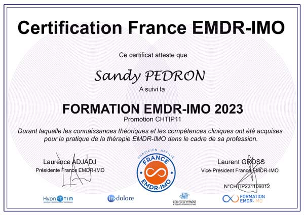 Certification Officielle de Sandy PEDRON, thérapeute EMDR IMO à Saint-Brieuc 22000.